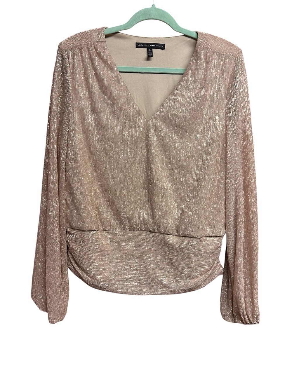 White House Black Market Metallic Gold V-Neck Long Sleeve Blouse